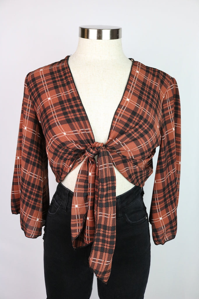 ~Plaid print  ~Also available in mustard ~Fabric: polyester/spandex, plaid, bell sleeve, tie knot, 